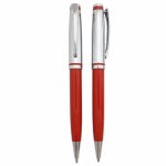Kit m caneta e lapiseira de metal brilhante vermelho em estojo de papel resistente.